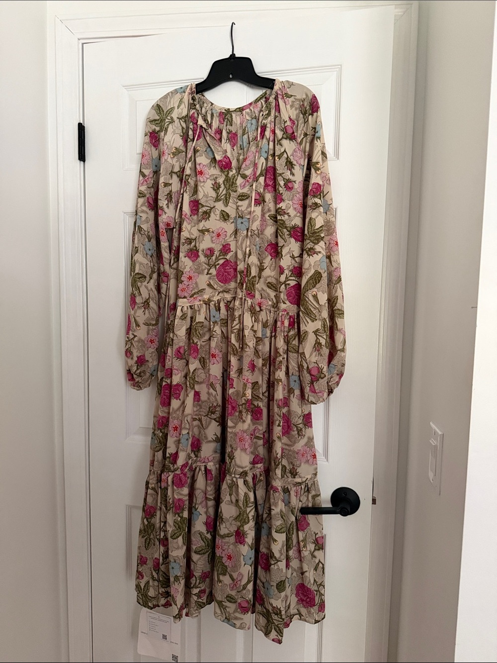 Chicwish Floral Midi Dress - Pink on Cream with Green Leaves